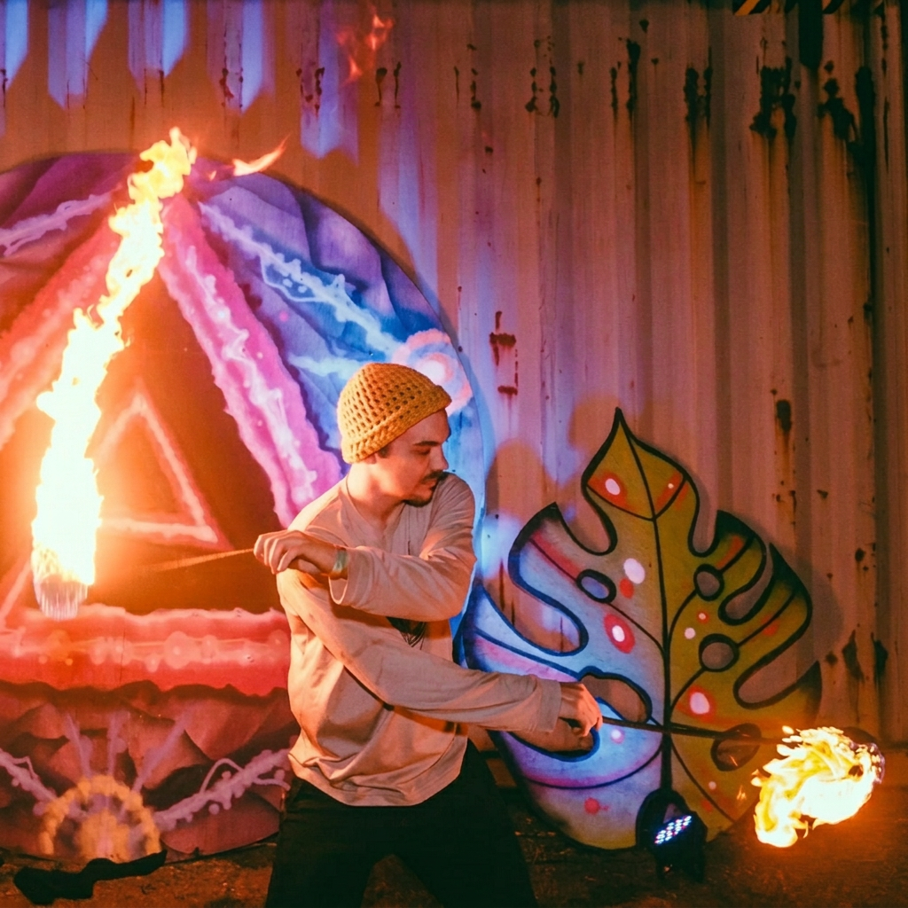 Fire spinner performing with a flaming staff in front of a mural
